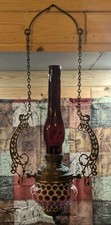 Antique Victorian Hanging Oil Library Lamp with Hand-Painted Rose Font and White Milk Glass Dome Shade