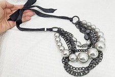 Multi-Strand Silver-Tone Station Necklace with Faceted Crystal and Gray Pearl Beads — listing 6