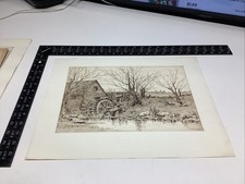 Antique 1901 Sepia Photogravure Print of Windmill Landscape with Sailboat in Oak Frame — listing 6