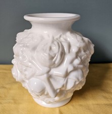 Set of Three Embossed Rose Pattern Colored Glass Covered Trinket Boxes / Vanity Jars — listing 4