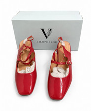 Red Patent Leather Pointed-Toe Grommet Buckle Slingback Flats, Size 39, listing 2