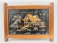 Vintage Rice Straw Marquetry Tropical Island Scene in Gilt Faux-Bamboo Frame — listing 5