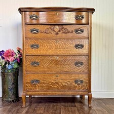 Antique Oak Dresser with Swinging Beveled Mirror, Bow-Front Base