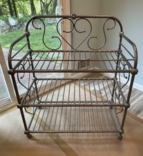 Vintage Painted Wicker & Wrought Iron Baker's Rack with Scrolled Crown — listing 5