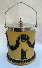 Wedgwood Sage Green Jasperware Biscuit Barrel with Silver-Plate Mounts, Neoclassical Sacrifice Figures — listing 3
