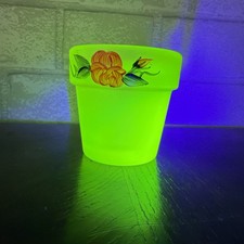Miniature Yellow Uranium Glass Flower Pot with Hand-Painted Orange Roses, 2.5 inches — listing 2