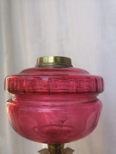 Victorian Cranberry Glass Twin-Burner Oil Lamp with Etched Tulip Shade on Brass Corinthian Column — listing 3