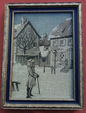 Antique Miniature Framed Tapestry, Children on Garden Bench Scene, 9.75x9.75 inches — listing 6