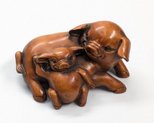 Japanese Carved Netsuke/Okimono Figure of a Child in Floral Kimono and Cap — listing 3