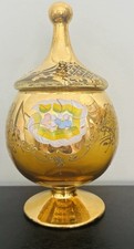 Vintage Clear Glass Flared Trumpet Vase with Gold Gilt Grape Leaf Decoration and Gold Bands — listing 2