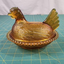 Indiana Glass Iridescent Blue Carnival Glass Hen on Nest Covered Dish