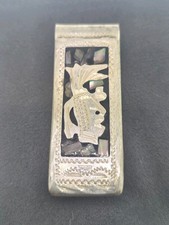 Vintage Mexican Alpaca Silver Money Clip with Crushed Turquoise Inlay Sun Face — listing 3