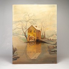Vintage Original Oil Painting, Snowy Winter Cottage at Twilight, Framed Landscape — listing 5