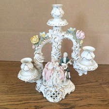 Dresden Porcelain Two-Arm Candelabra with Applied Flowers and Gilt Rococo Scrollwork
