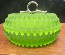 Green Uranium Glass Covered Powder Jar / Dresser Dish with Depression-Era Embossed Pattern — listing 5