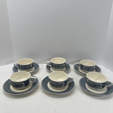 Mid-Century Blue & White Partial Tea Set - Teapot with Bamboo Handle, 4 Cups, Creamer & 2 Footed Compotes