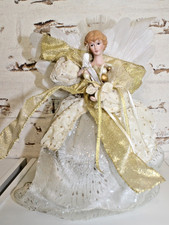 Christmas Angel Tree Topper with Porcelain Face, Real Feather Wings, Red and Gold Brocade Gown, approx 14-16 inches