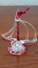 Spun Glass Sailing Ship Figurine with Blue Hull and Gold Sail Tips — listing 4