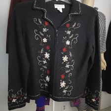 Pendleton Women's Charcoal Wool Floral Embroidered Zip-Front Cardigan Jacket Size L