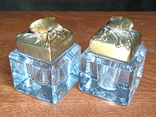 Antique Square Cut Glass Inkwell with Brass Hinged Lid, Stag Head Engraving — listing 2
