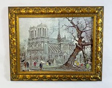 Vintage Notre Dame Cathedral Paris Seine Oil Painting on Canvas, Signed, Framed