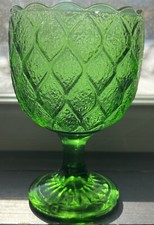 Vintage Emerald Green Pressed Glass Pedestal Compote / Goblet Vase, Harlequin Diamond Pattern with Scalloped Rim — listing 5