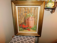 Original Signed Oil Painting of Vintage Milk Can with Sunflowers and Barbed Wire Fence Post — listing 6