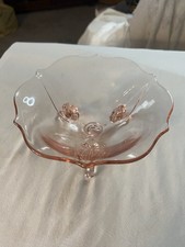 Pink Depression Glass Two-Handled Serving Tray / Cake Plate, Ribbed 'Sierra Pinwheel' Style