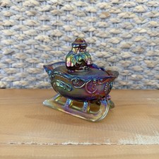 Westmoreland Blue Carnival Glass Covered Santa Claus Candy Dish on Pedestal Feet — listing 6