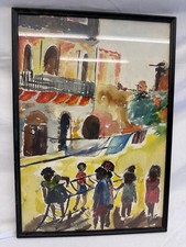 Framed European Village Watercolor Print with Church Spire and Timbered Houses — listing 5