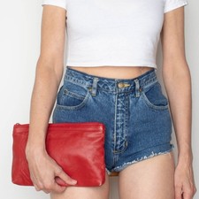 Vintage Ruched Leather Clutch Bag with Gold Tone Closure — listing 5