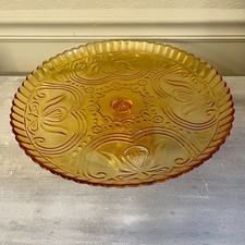 Vintage Depression-Era Clear Pressed Glass 11-Inch Footed Cake Plate with Bubble and Sunburst Pattern
