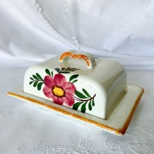 Hand-Painted Italian Ceramic Covered Butter Dish with Pink Floral Design — listing 2