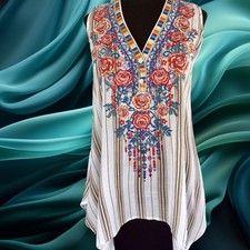 Savanna Jane Embroidered Boho Tunic Top with Multicolor Chevron Detail, Size L — listing 2