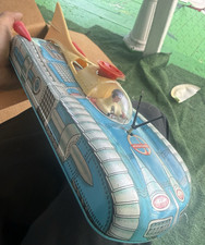 Retro-Style Tin Litho Space Toy Set — Wind-Up Robot Astronaut and Rocket Ship / Flying Saucer Bell — listing 4
