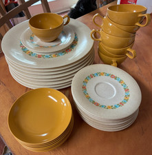 Vintage 1950s-1960s Melamine Dinnerware Lot - Avocado Green, Brown, and Floral Pattern Mixed Set (30+ Pieces)