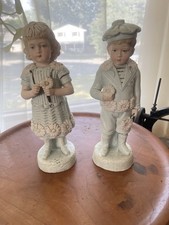 Bisque Porcelain Boy and Girl Figurine with Lollipop on Grassy Base with Mushrooms — listing 2