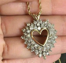 14K Yellow Gold Diamond Open Heart Pendant Necklace with Rope Chain — listing 2