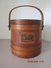 Antique Bentwood Wooden Firkin / Sugar Bucket with Wire Bail Handle and Lid — listing 4