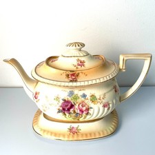 Antique Victorian Blushware Teapot with Matching Stand, Art Nouveau Form, Pink Rose Transfers & Gilt — listing 5