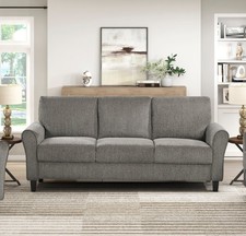 Beige Chenille Upholstered Three-Seat Sofa with Accent Pillows — listing 5