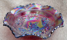 Red Amberina Carnival Glass Rose Bowl with Hobstar & Sawtooth Pattern