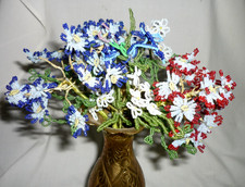 Antique French Beaded Flower Posie - 6 White Glass Seed Bead Daisies with 4 Green Leaves, 1930s — listing 4