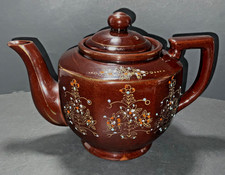 Vintage Japanese Redware Teapot Brown Glaze Gold Hand-Painted Floral — listing 2