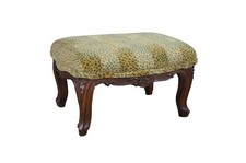 French Provincial Louis XV Style Upholstered Ottoman Footstool with Carved Wood Frame