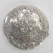 Repoussé Silver Round Compact or Trinket Box with Floral Scroll Design and Barbed Wire Border — listing 3