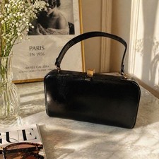 Vintage 1950s-60s Black Leather Frame Handbag with Gold-Tone Clasp — listing 6