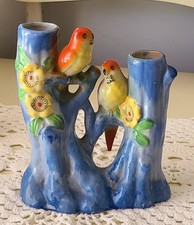 Ceramic Double Bud Vase, Two Birds on Fence with Gold Trim, Yellow Glaze