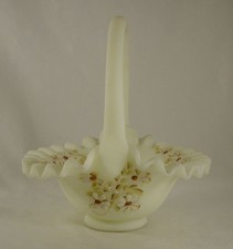 Fenton Custard Satin Glass Basket with Hand-Painted Log Cabin/Trees Scene, 8 inches tall — listing 3