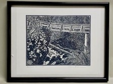 Original Hand-Pulled Woodblock Print, Abstract Botanical/Figural in Dark Blue with Red Pomegranate, Pencil-Signed and Numbered — listing 2